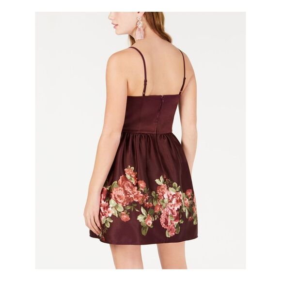 TEEZE ME Womens Fit + Flare Mini Dress Burgundy Spaghetti Strap Juniors 5\6 - Picture 2 of 4